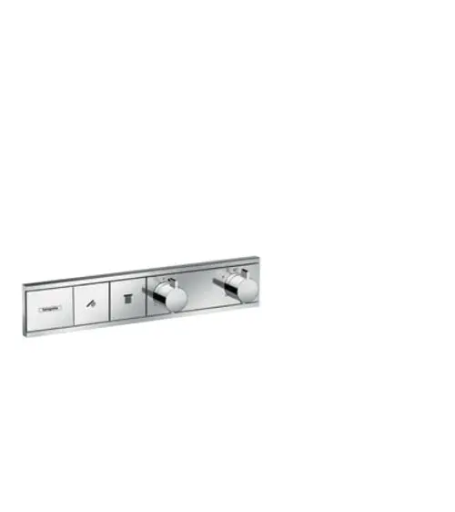Hansgrohe Thermostat zur Unterputzmontage mit zwei Bedienelementen zur Wassersteuerung, gefertigt aus verchromtem Material, auf rechteckiger Grundplatte.